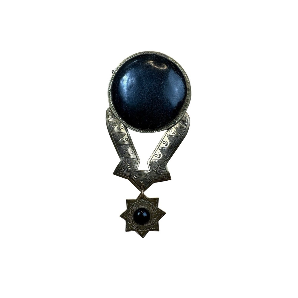 Vintage Gold Tone Black Stone Statetment Pendant Brooch Geometric Art Deco Boho